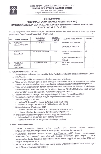 Pengumuman CPNS Kanwil Kemenkumham Sumut Tahun 2014 1