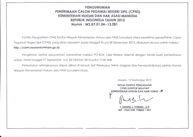 Pengumuman CPNS Kementerian Hukum dan HAM Sumatea Utara Tahun 2013