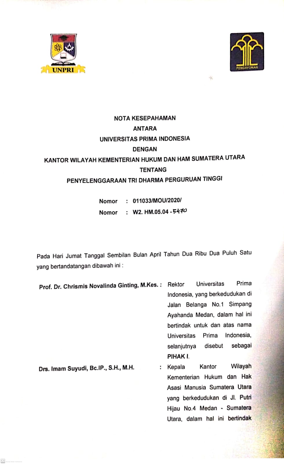 ZZZNota Kesepahaman Antara Universitas Prima Indonesia Dengan Kantor Wilayah Kementerian Hukum Dan Hak Asasi Manusia Sumatera Utara